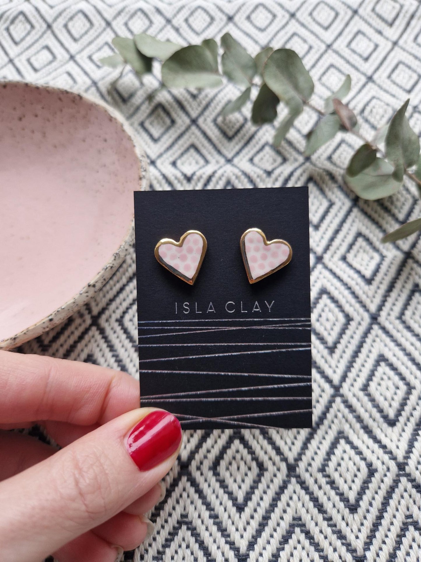 Pink polka dot heart studs