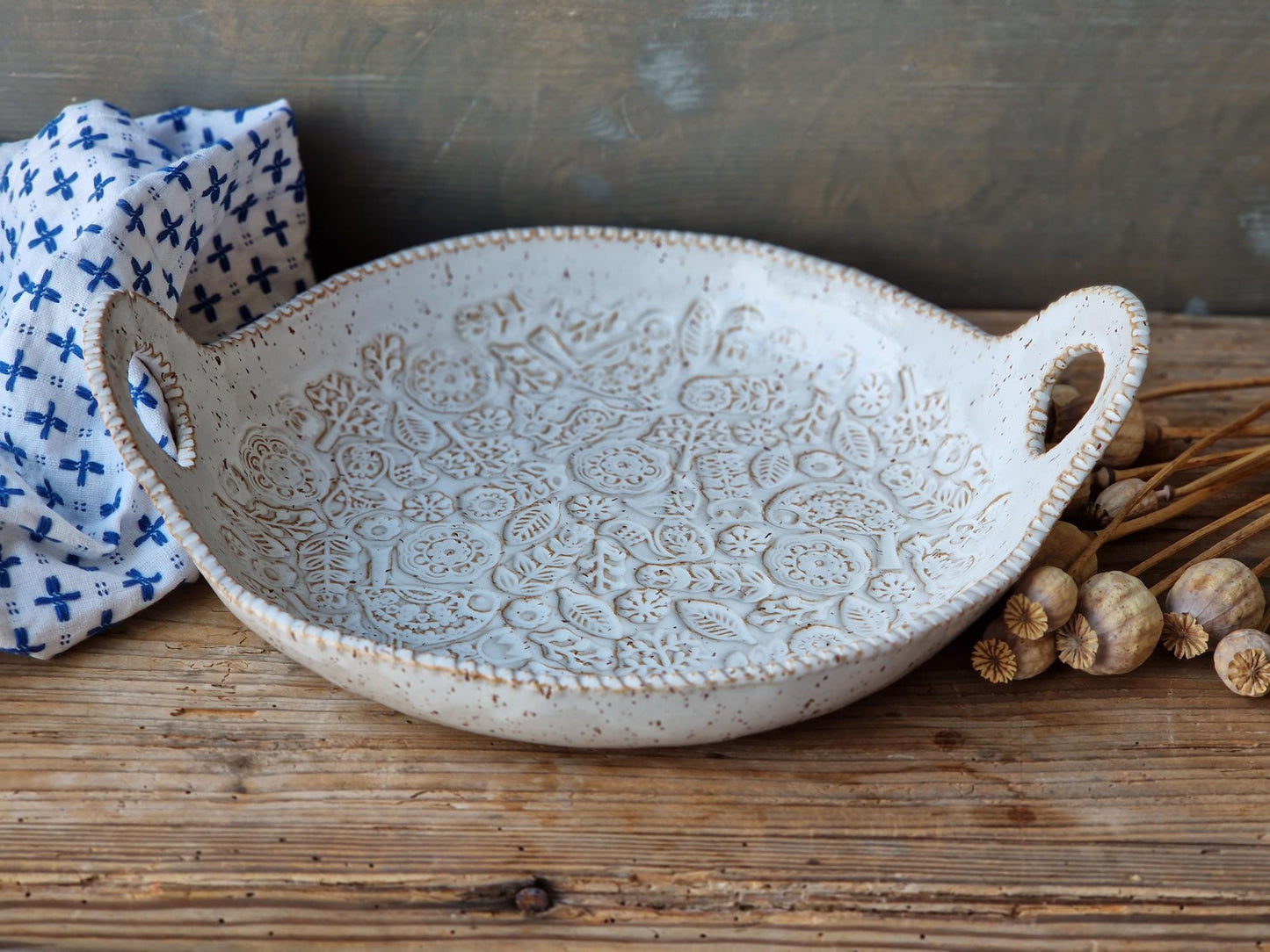 Folk art bowl with handles