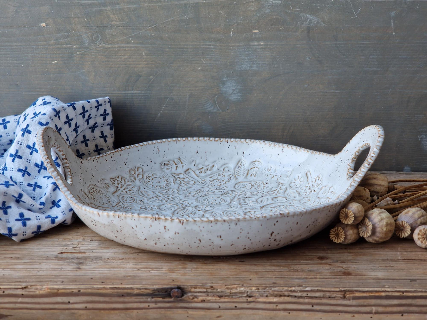 Folk art bowl with handles