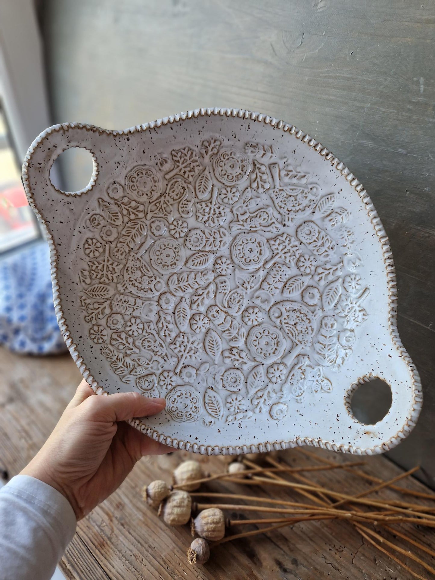 Folk art bowl with handles