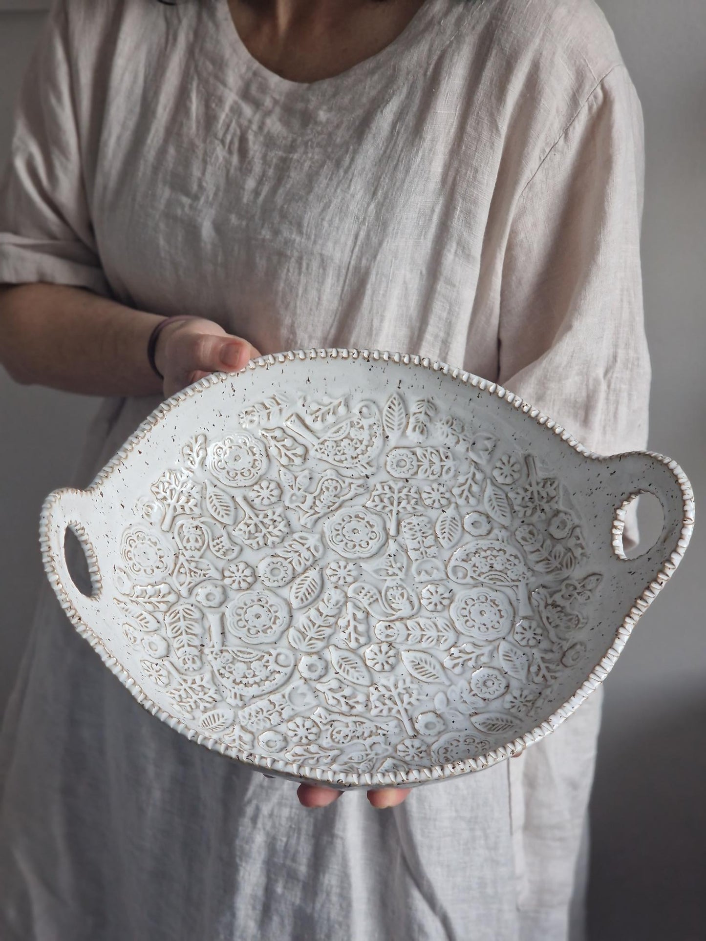 Folk art bowl with handles