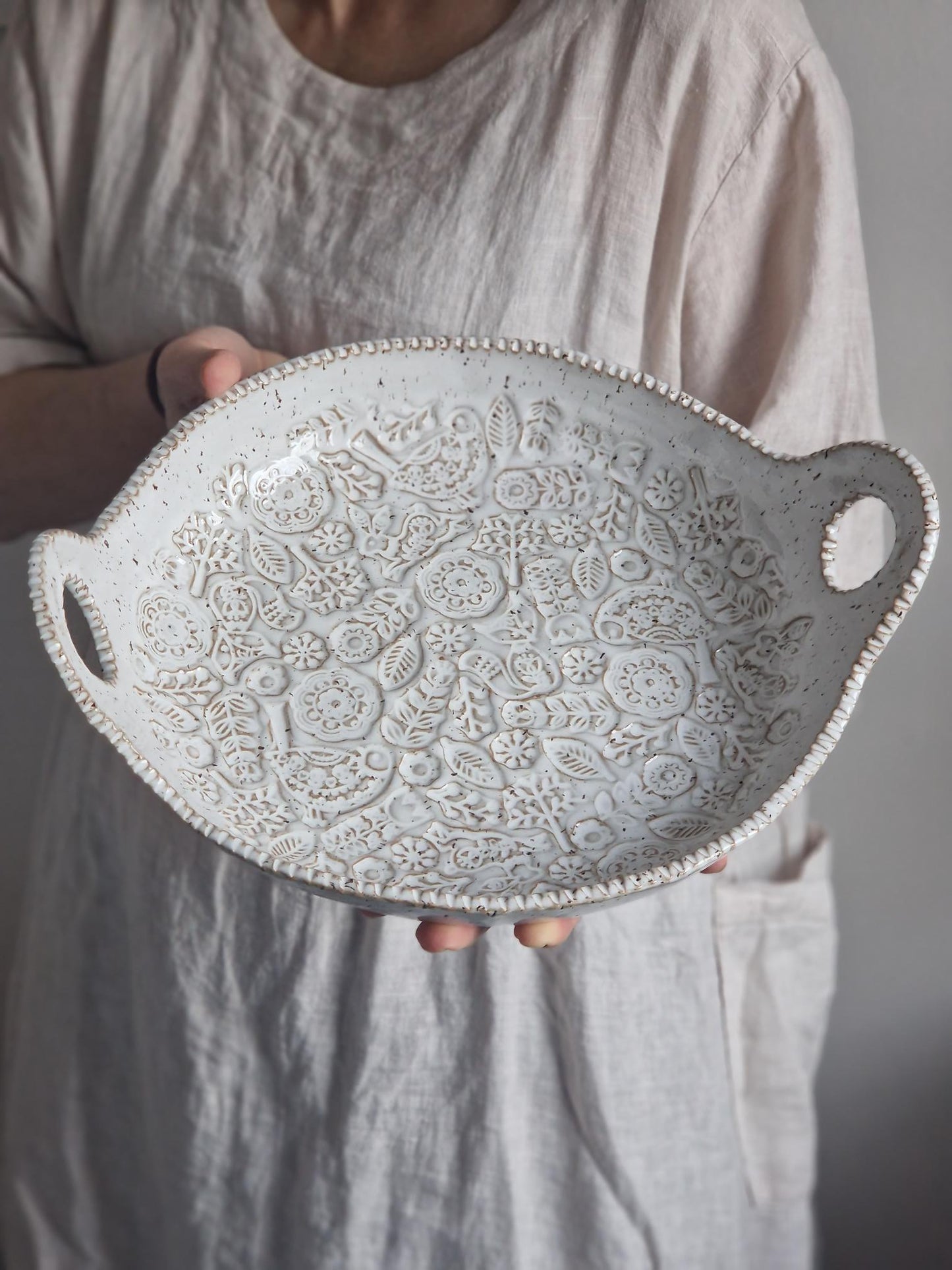 Folk art bowl with handles