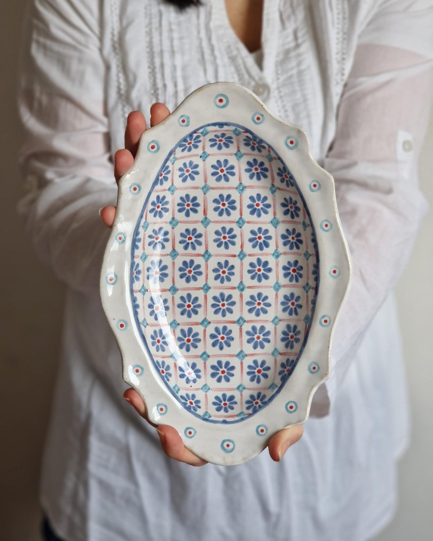 handmade oval ceramic tray with floral pattern