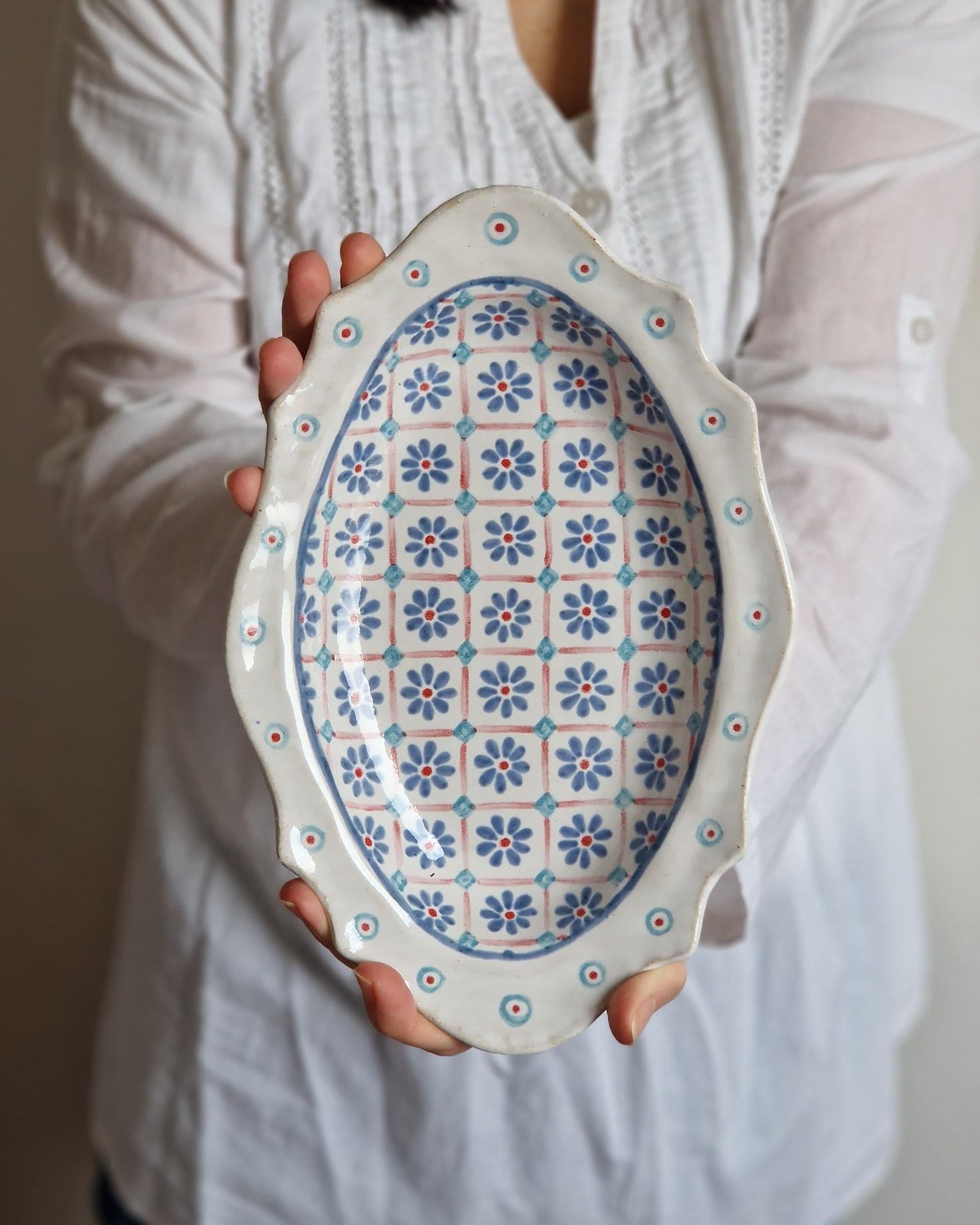handmade oval ceramic tray with floral pattern