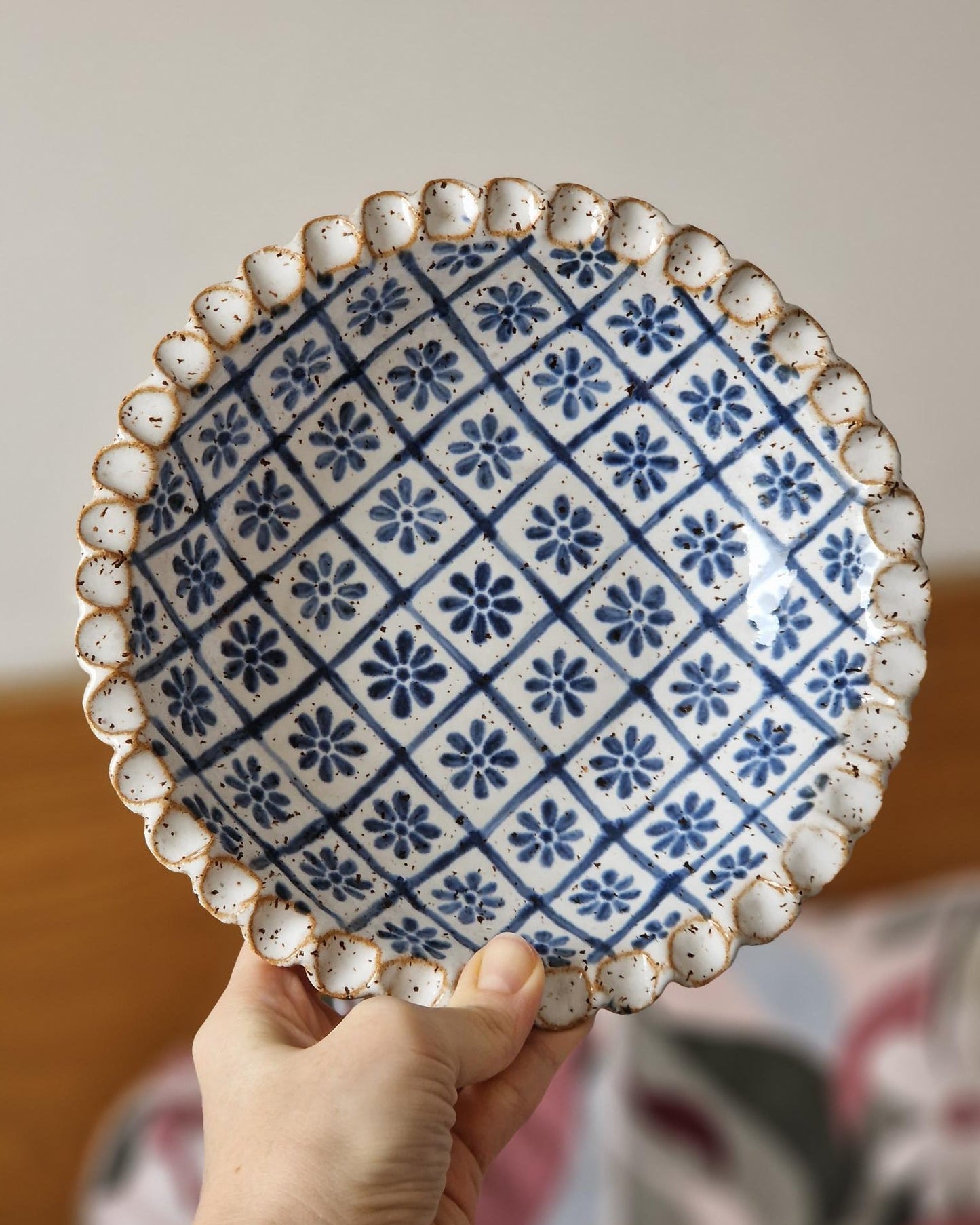 Handmade ceramic pasta bowl with blue floral pattern