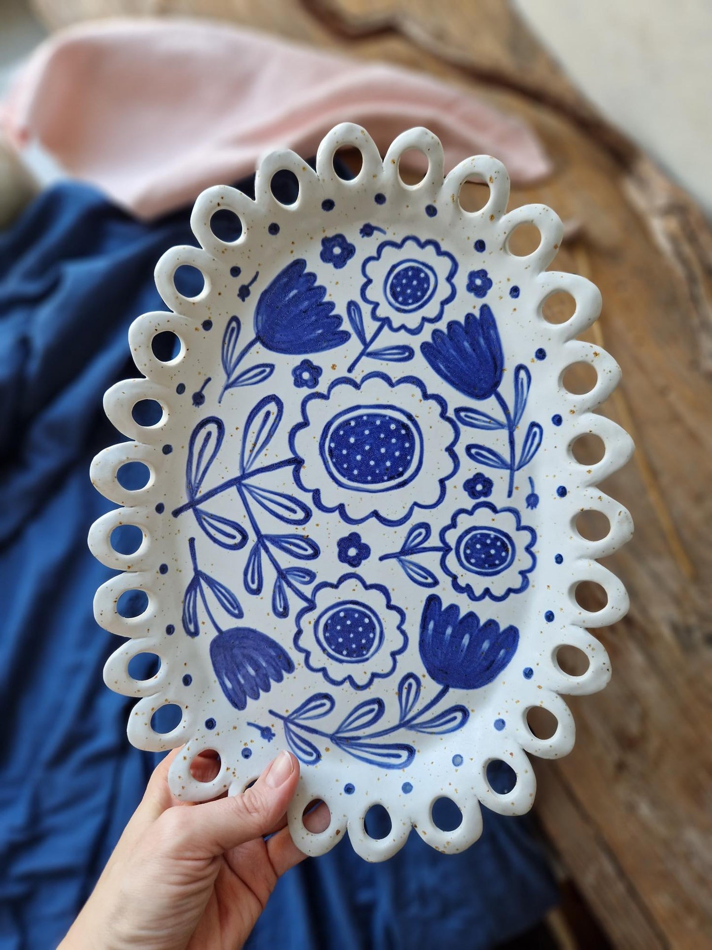 Slightly flawed: Scalloped floral platter