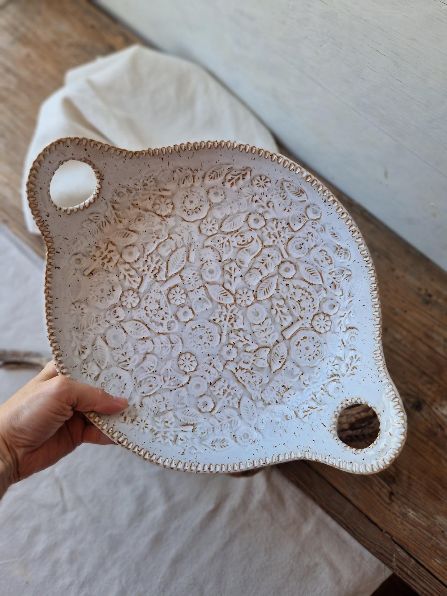 Folk art bowl with handles