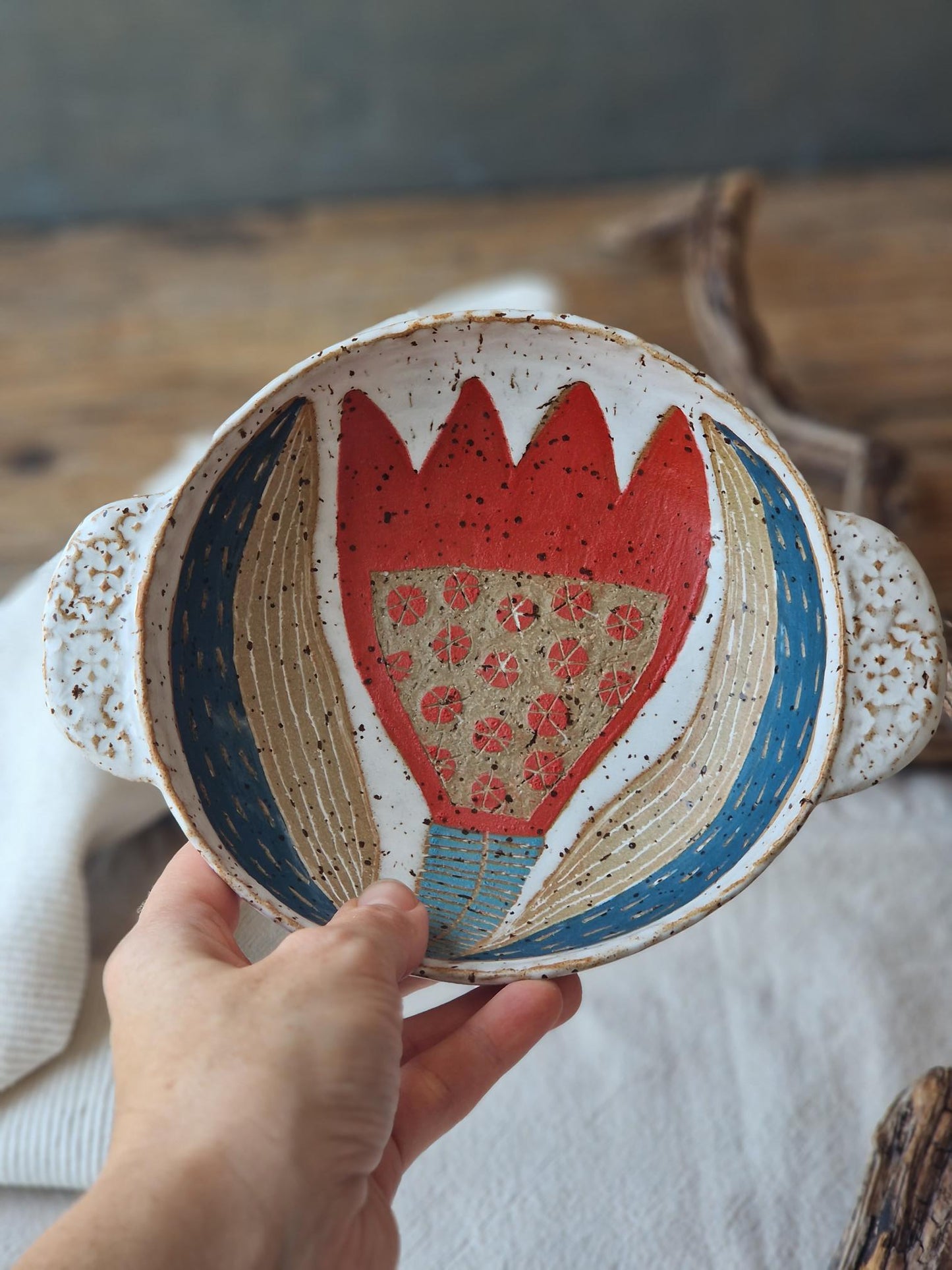 Red Tulip Bowl with Handles