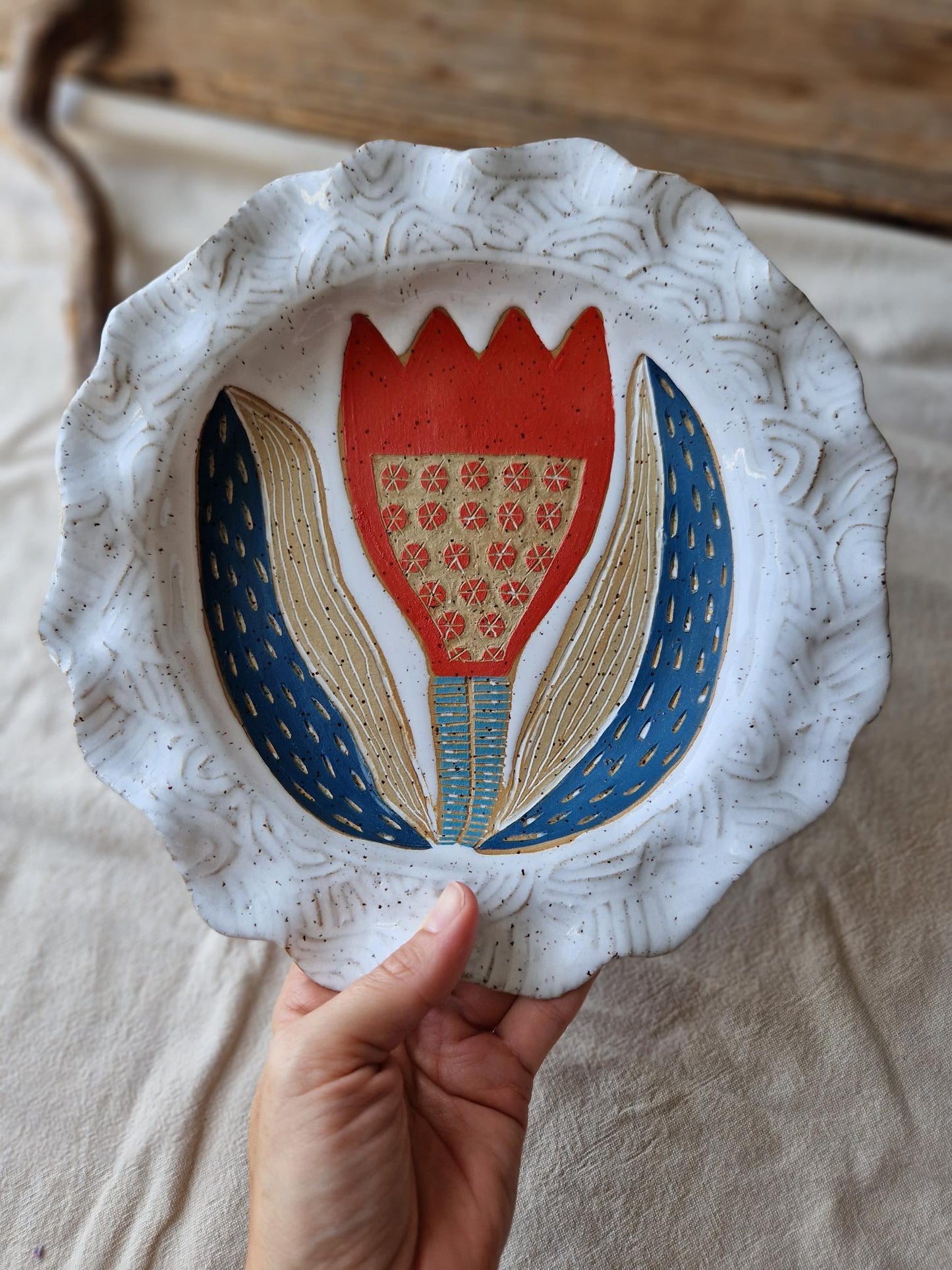Slightly Flawed: Red Tulip Wavy Bowl / Wall Plate