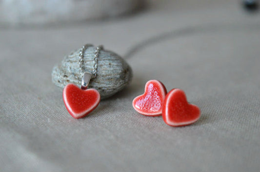 Red heart necklace and earrings