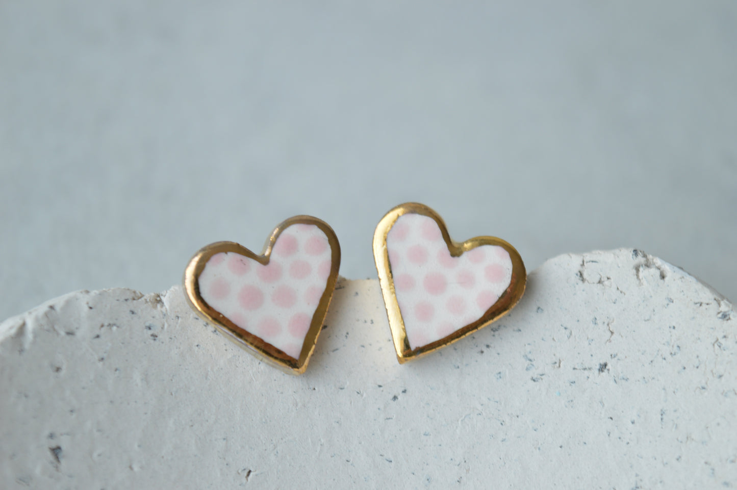 Pink polka dot heart studs