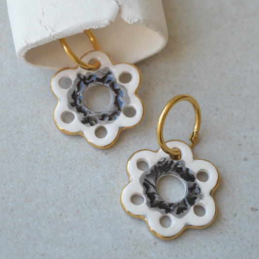 floral hoop earrings in white black gold