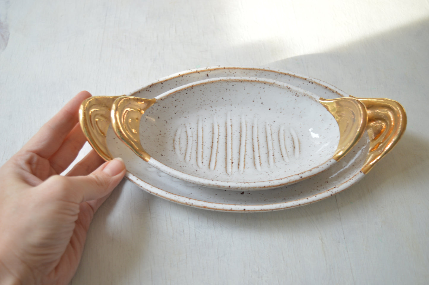 Serving platter with gold handles - small