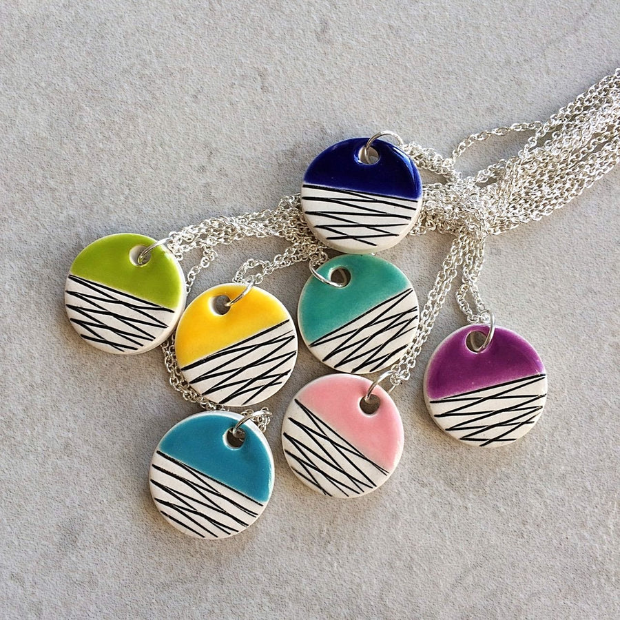 colorful minimalist ceramic pendants on sterling silver chain